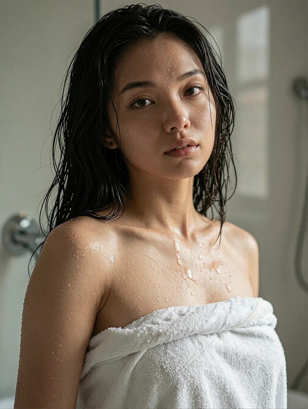 Fictional AI character with wet hair holding a white towel to her chest in a steamy bathroom