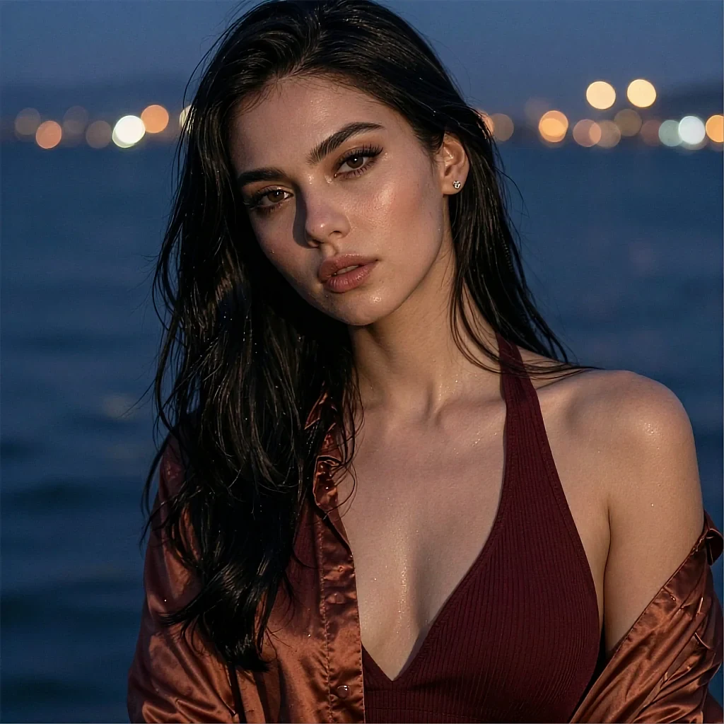 Fictional AI character in a bronze satin jacket at a night harbour, sea lights blurred behind her