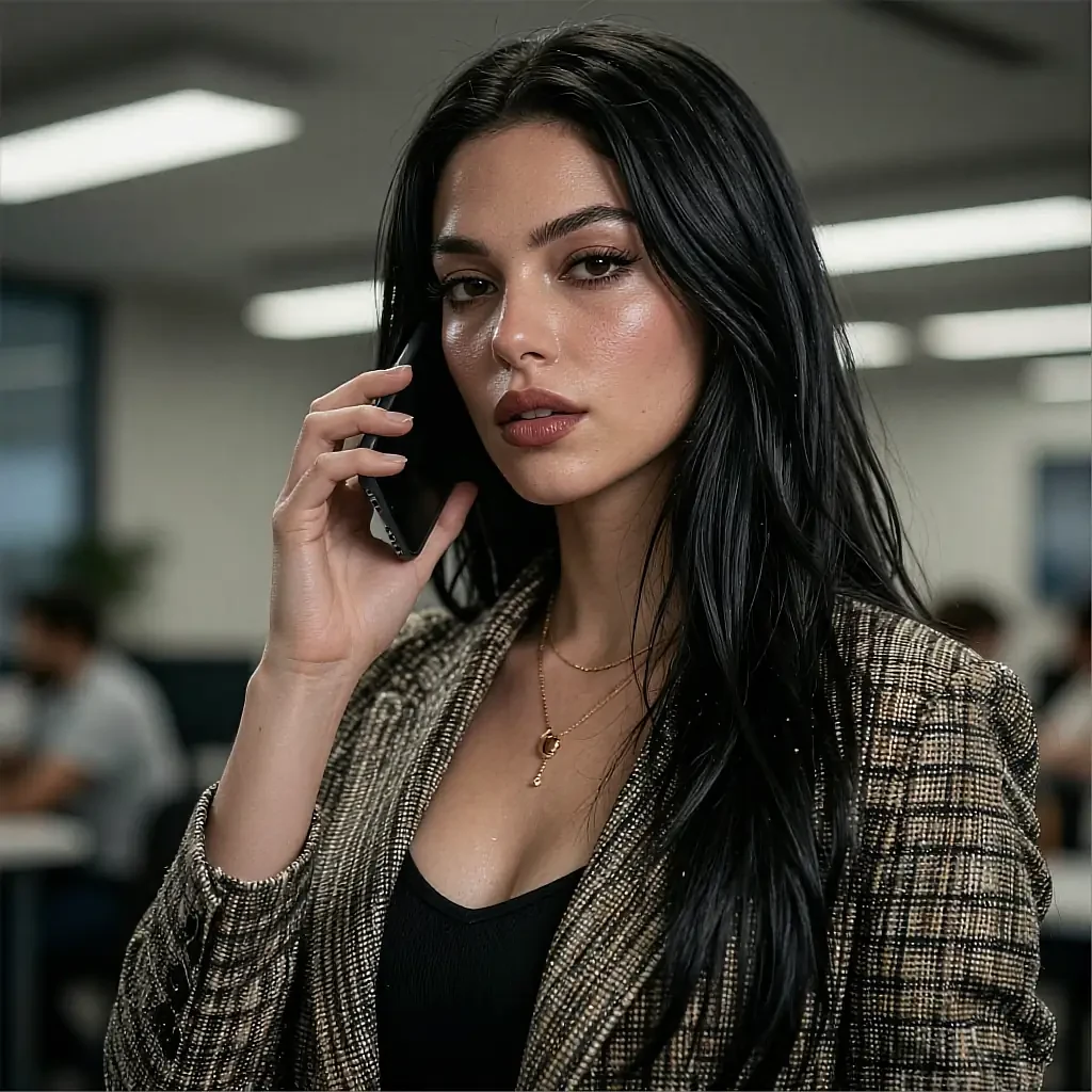 Fictional AI character in a plaid blazer taking a phone call in a busy office