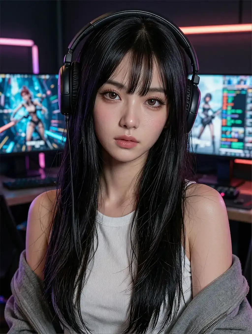 Fictional AI character with headphones on in a white tank top, gaming monitors lit behind her
